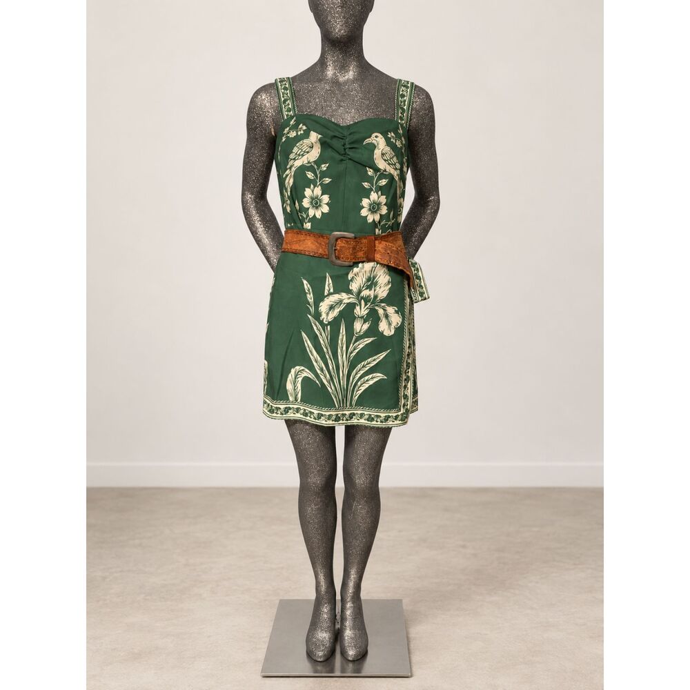 Commense Green Floral Bird Print Wrap Tie Mini Dress Size L NWT